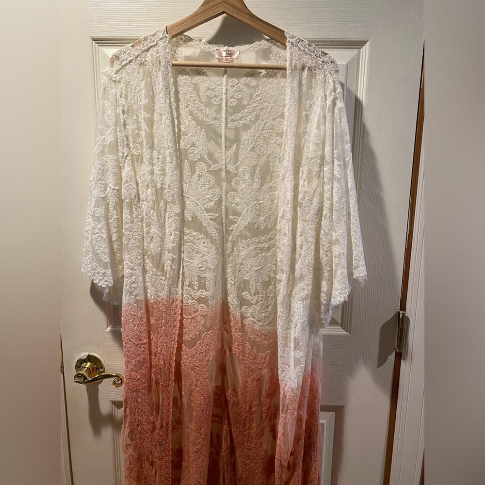 Pink and white lace boho kimono